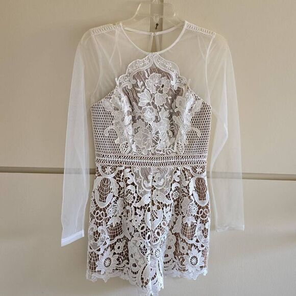 Blithe White Lace Romper, Lined with Dark Tan Mesh, NWT, M - Picture 1 of 8